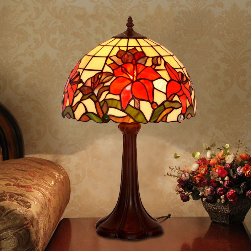 Coffee 1 Head Table Lamp Tiffany Handcrafted Art Glass Floral Night Stand Light with Dome Shade Coffee Clearhalo 'Lamps' 'Table Lamps' Lighting' 852370