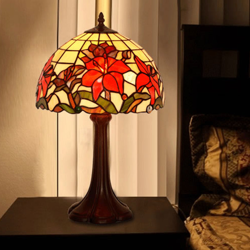 Coffee 1 Head Table Lamp Tiffany Handcrafted Art Glass Floral Night Stand Light with Dome Shade Clearhalo 'Lamps' 'Table Lamps' Lighting' 852371