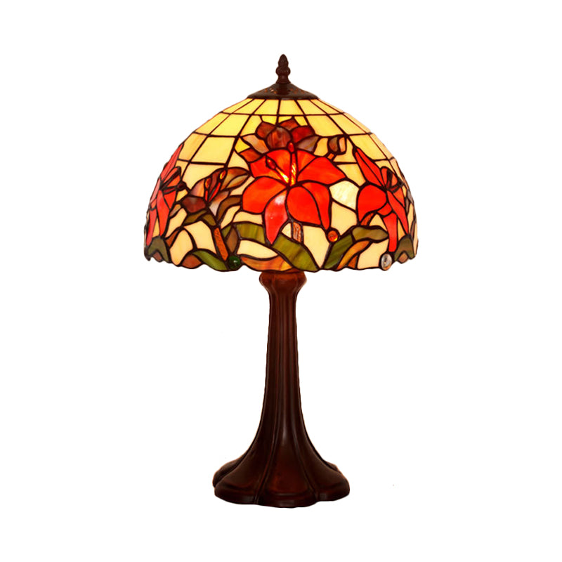 Coffee 1 Head Table Lamp Tiffany Handcrafted Art Glass Floral Night Stand Light with Dome Shade Clearhalo 'Lamps' 'Table Lamps' Lighting' 852372