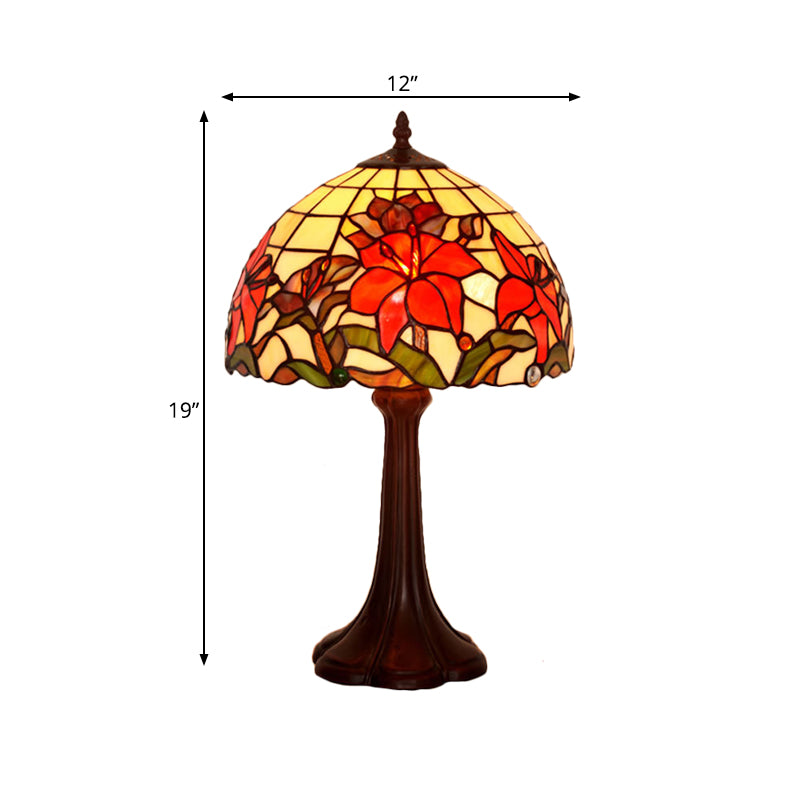 Coffee 1 Head Table Lamp Tiffany Handcrafted Art Glass Floral Night Stand Light with Dome Shade Clearhalo 'Lamps' 'Table Lamps' Lighting' 852373