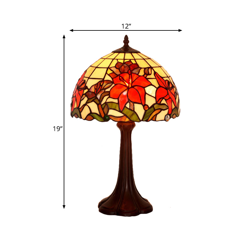 Coffee 1 Head Table Lamp Tiffany Handcrafted Art Glass Floral Night Stand Light with Dome Shade Clearhalo 'Lamps' 'Table Lamps' Lighting' 852373