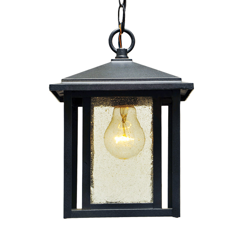 Clear Seedy Glass Black Pendant Lantern 1-Head Retro Hanging Light Fixture for Outdoor Clearhalo 'Ceiling Lights' 'Glass shade' 'Glass' 'Pendant Lights' 'Pendants' Lighting' 852444