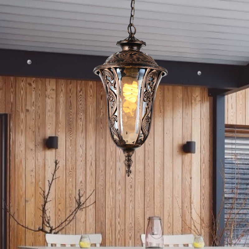 Urn Amber Glass Down Lighting Lodge 1-Bulb Outdoor Pendant Ceiling Light in Bronze Clearhalo 'Ceiling Lights' 'Chandeliers' 'Glass shade' 'Glass' 'Pendant Lights' 'Pendants' Lighting' 852451