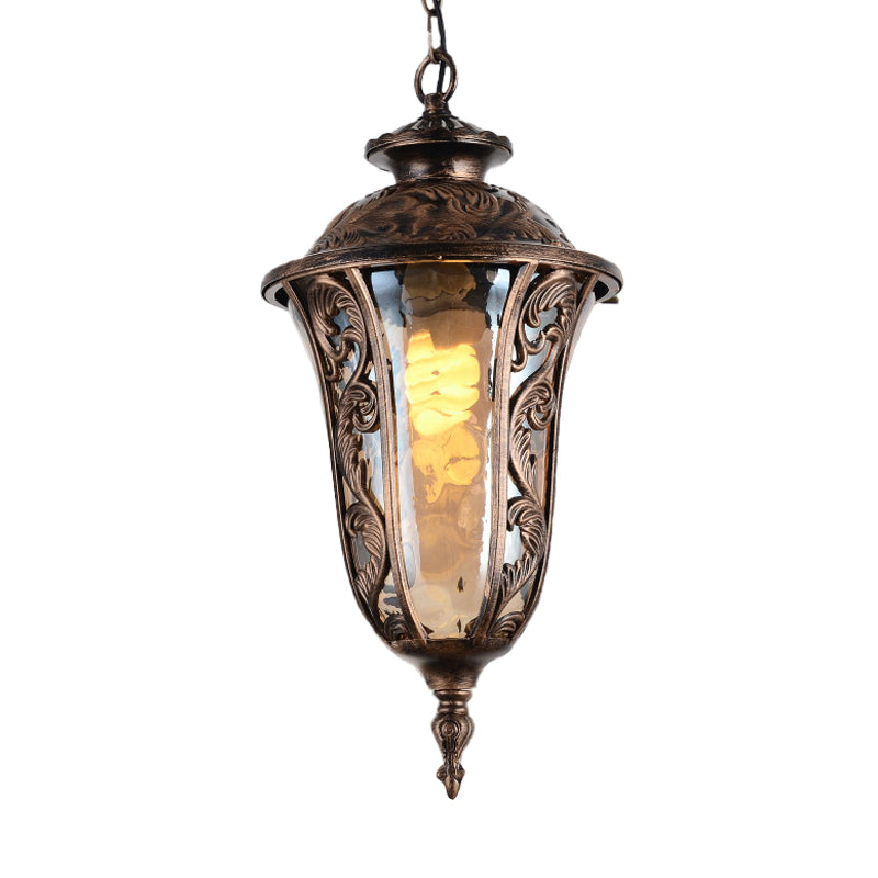 Urn Amber Glass Down Lighting Lodge 1-Bulb Outdoor Pendant Ceiling Light in Bronze Clearhalo 'Ceiling Lights' 'Chandeliers' 'Glass shade' 'Glass' 'Pendant Lights' 'Pendants' Lighting' 852452