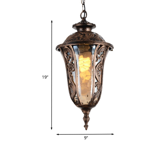 Urn Amber Glass Down Lighting Lodge 1-Bulb Outdoor Pendant Ceiling Light in Bronze Clearhalo 'Ceiling Lights' 'Chandeliers' 'Glass shade' 'Glass' 'Pendant Lights' 'Pendants' Lighting' 852453