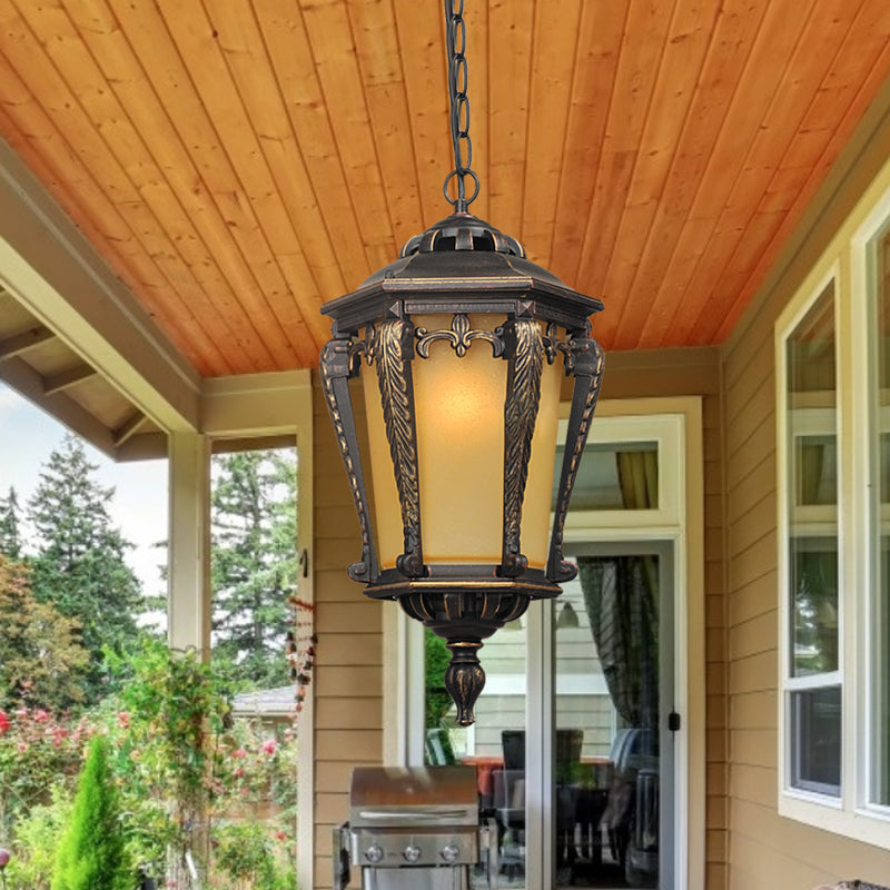 Bronze 1 Head Pendant Light Lodge Yellow Glass Lantern Suspended Lighting Fixture for Outdoor Bronze Clearhalo 'Ceiling Lights' 'Close To Ceiling Lights' 'Glass shade' 'Glass' 'Pendant Lights' 'Pendants' Lighting' 852454