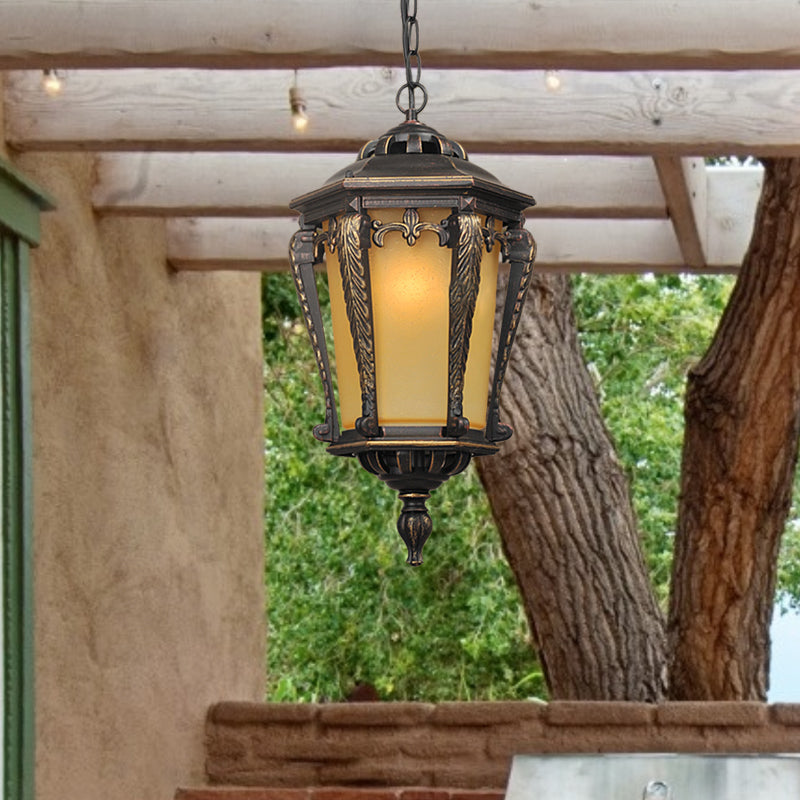 Bronze 1 Head Pendant Light Lodge Yellow Glass Lantern Suspended Lighting Fixture for Outdoor Clearhalo 'Ceiling Lights' 'Close To Ceiling Lights' 'Glass shade' 'Glass' 'Pendant Lights' 'Pendants' Lighting' 852455