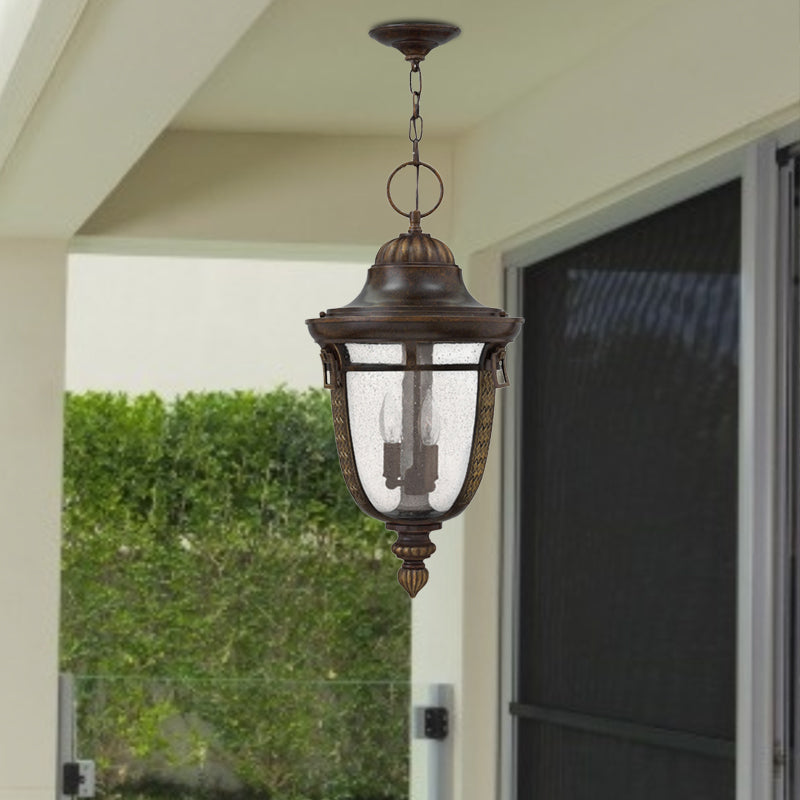 2-Head Clear Seedy Glass Chandelier Rustic Bronze Urn Shape Courtyard Pendant Light Bronze Clearhalo 'Ceiling Lights' 'Chandeliers' 'Close To Ceiling Lights' 'Glass shade' 'Glass' Lighting' 852458