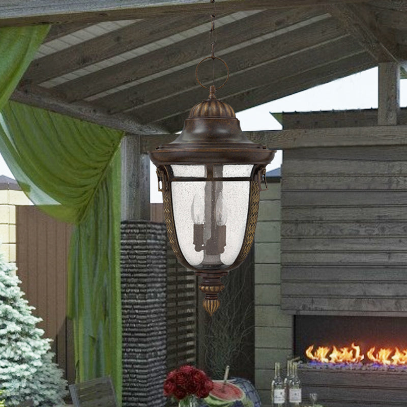 2-Head Clear Seedy Glass Chandelier Rustic Bronze Urn Shape Courtyard Pendant Light Clearhalo 'Ceiling Lights' 'Chandeliers' 'Close To Ceiling Lights' 'Glass shade' 'Glass' Lighting' 852459