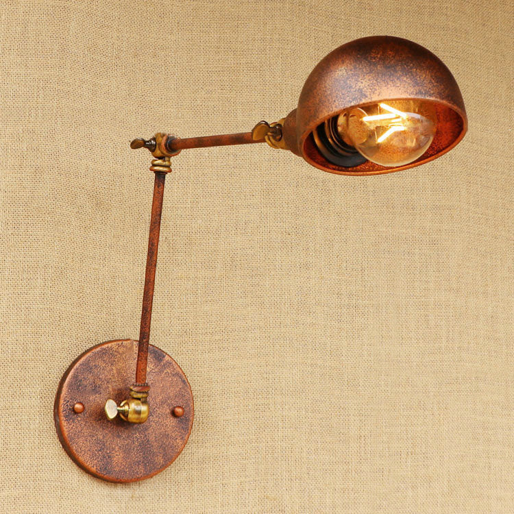 1 Light Bowl Wall Light Fixture Antique Style Rust Metal Wall Sconce with Swing Arm for Study Room Rust 12"+8" Clearhalo 'Art deco wall lights' 'Cast Iron' 'Glass' 'Industrial wall lights' 'Industrial' 'Middle century wall lights' 'Modern' 'Rustic wall lights' 'Tiffany' 'Traditional wall lights' 'Wall Lamps & Sconces' 'Wall Lights' Lighting' 85246