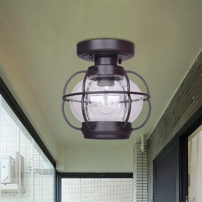 Lantern Bubble Glass Semi Flush Rural 1 Head Outdoor Flush Mount in Coffee with Metal Cage Coffee Clearhalo 'Ceiling Lights' 'Close To Ceiling Lights' 'Close to ceiling' 'Glass shade' 'Glass' 'Semi-flushmount' Lighting' 852466