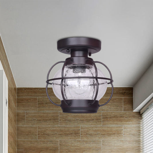 Lantern Bubble Glass Semi Flush Rural 1 Head Outdoor Flush Mount in Coffee with Metal Cage Clearhalo 'Ceiling Lights' 'Close To Ceiling Lights' 'Close to ceiling' 'Glass shade' 'Glass' 'Semi-flushmount' Lighting' 852467