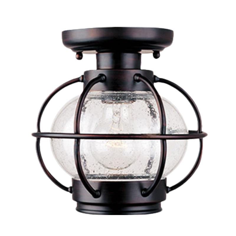 Lantern Bubble Glass Semi Flush Rural 1 Head Outdoor Flush Mount in Coffee with Metal Cage Clearhalo 'Ceiling Lights' 'Close To Ceiling Lights' 'Close to ceiling' 'Glass shade' 'Glass' 'Semi-flushmount' Lighting' 852468