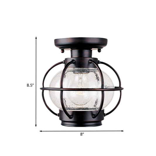Lantern Bubble Glass Semi Flush Rural 1 Head Outdoor Flush Mount in Coffee with Metal Cage Clearhalo 'Ceiling Lights' 'Close To Ceiling Lights' 'Close to ceiling' 'Glass shade' 'Glass' 'Semi-flushmount' Lighting' 852469