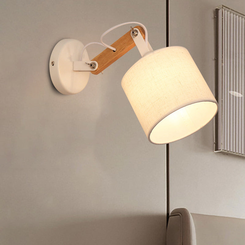 Fabric Cylinder Wall Mount Lighting Modernist 1 Bulb White Wall Lamp with Adjustable Wood Arm Clearhalo 'Modern wall lights' 'Modern' 'Wall Lamps & Sconces' 'Wall Lights' Lighting' 852503