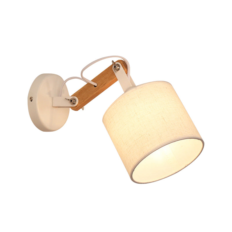 Fabric Cylinder Wall Mount Lighting Modernist 1 Bulb White Wall Lamp with Adjustable Wood Arm Clearhalo 'Modern wall lights' 'Modern' 'Wall Lamps & Sconces' 'Wall Lights' Lighting' 852504