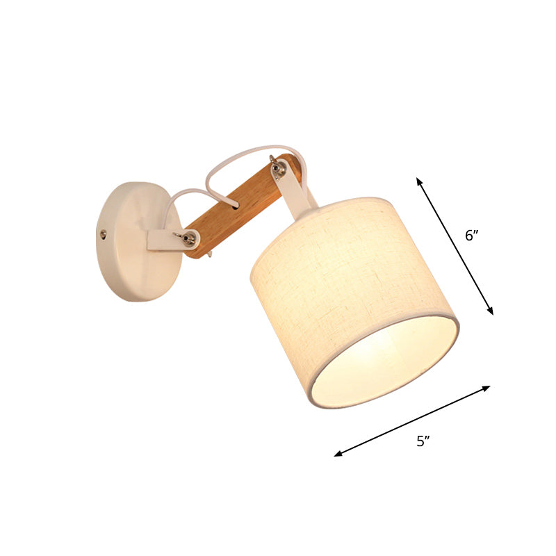 Fabric Cylinder Wall Mount Lighting Modernist 1 Bulb White Wall Lamp with Adjustable Wood Arm Clearhalo 'Modern wall lights' 'Modern' 'Wall Lamps & Sconces' 'Wall Lights' Lighting' 852505