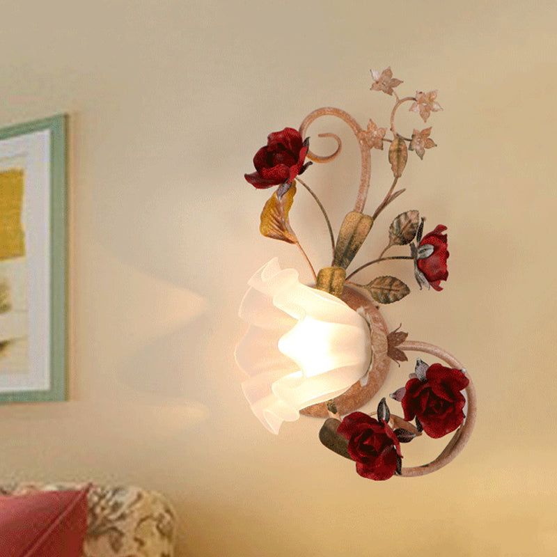 1 Bulb Blooming Wall Light American Flower Red Brown Frosted White Glass Sconce, Leftward/Rightward Red Brown Left Clearhalo 'Wall Lamps & Sconces' 'Wall Lights' Lighting' 852577