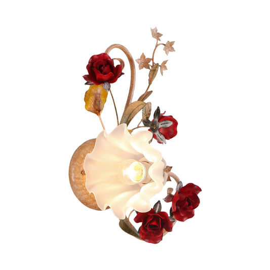 1 Bulb Blooming Wall Light American Flower Red Brown Frosted White Glass Sconce, Leftward/Rightward Clearhalo 'Wall Lamps & Sconces' 'Wall Lights' Lighting' 852578