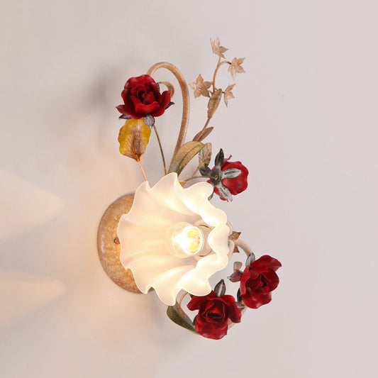 1 Bulb Blooming Wall Light American Flower Red Brown Frosted White Glass Sconce, Leftward/Rightward Clearhalo 'Wall Lamps & Sconces' 'Wall Lights' Lighting' 852579