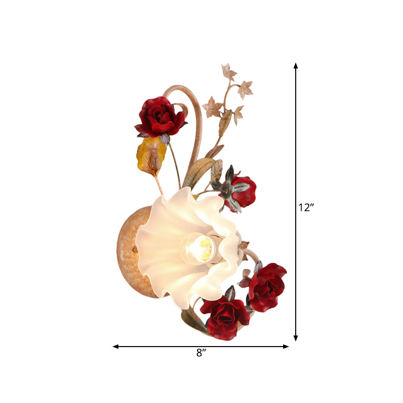 1 Bulb Blooming Wall Light American Flower Red Brown Frosted White Glass Sconce, Leftward/Rightward Clearhalo 'Wall Lamps & Sconces' 'Wall Lights' Lighting' 852580