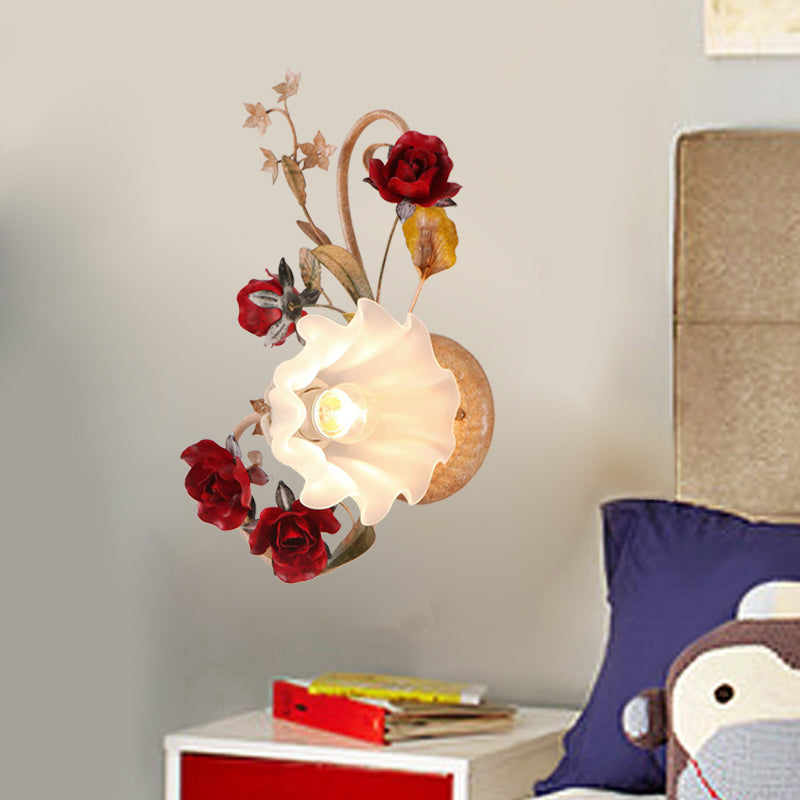 1 Bulb Blooming Wall Light American Flower Red Brown Frosted White Glass Sconce, Leftward/Rightward Clearhalo 'Wall Lamps & Sconces' 'Wall Lights' Lighting' 852582