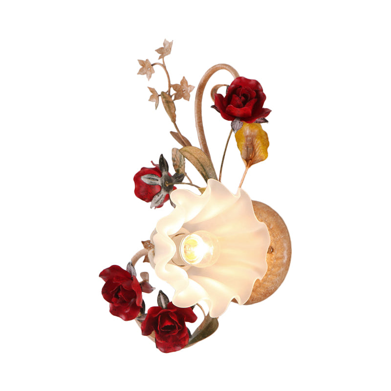 1 Bulb Blooming Wall Light American Flower Red Brown Frosted White Glass Sconce, Leftward/Rightward Clearhalo 'Wall Lamps & Sconces' 'Wall Lights' Lighting' 852583