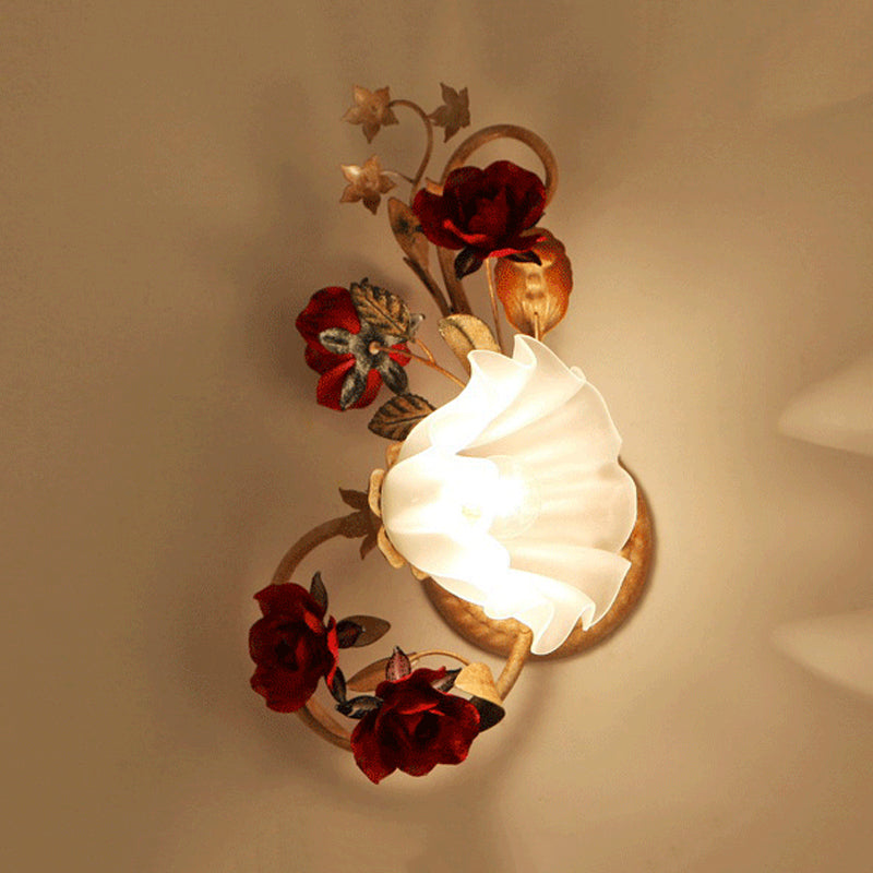 1 Bulb Blooming Wall Light American Flower Red Brown Frosted White Glass Sconce, Leftward/Rightward Clearhalo 'Wall Lamps & Sconces' 'Wall Lights' Lighting' 852584