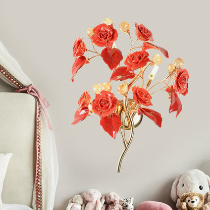 Flowering Bedroom Wall Light Fixture Pastoral Style Ceramic 3-Light White/Red/Green Wall Sconce Red Clearhalo 'Wall Lamps & Sconces' 'Wall Lights' Lighting' 852618