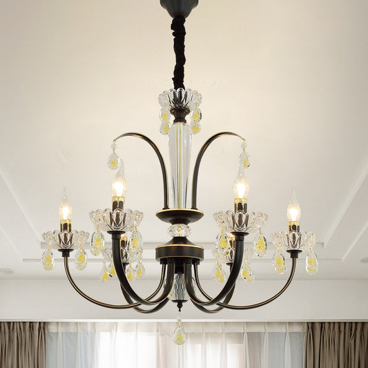 Retro Swooping Arm Candle Chandelier 6/8-Bulb Iron Hanging Light with Crystal Accent in Black and Gold 6 Black-Gold Clearhalo 'Ceiling Lights' 'Chandeliers' 'Modern Chandeliers' 'Modern' Lighting' 852690
