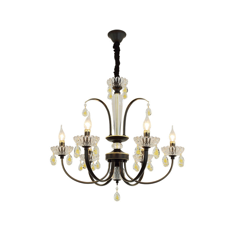 Retro Swooping Arm Candle Chandelier 6/8-Bulb Iron Hanging Light with Crystal Accent in Black and Gold Clearhalo 'Ceiling Lights' 'Chandeliers' 'Modern Chandeliers' 'Modern' Lighting' 852692