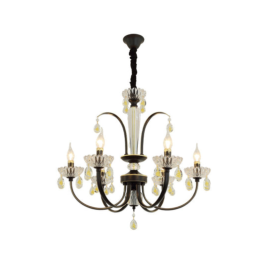 Retro Swooping Arm Candle Chandelier 6/8-Bulb Iron Hanging Light with Crystal Accent in Black and Gold Clearhalo 'Ceiling Lights' 'Chandeliers' 'Modern Chandeliers' 'Modern' Lighting' 852692