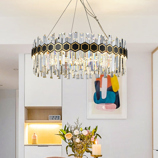 Mid Century Circle LED Chandelier Crystal Icicle Suspension Lighting with Honeycomb Belt Decor in Black-Gold Clearhalo 'Ceiling Lights' 'Chandeliers' 'Modern Chandeliers' 'Modern' Lighting' 852717