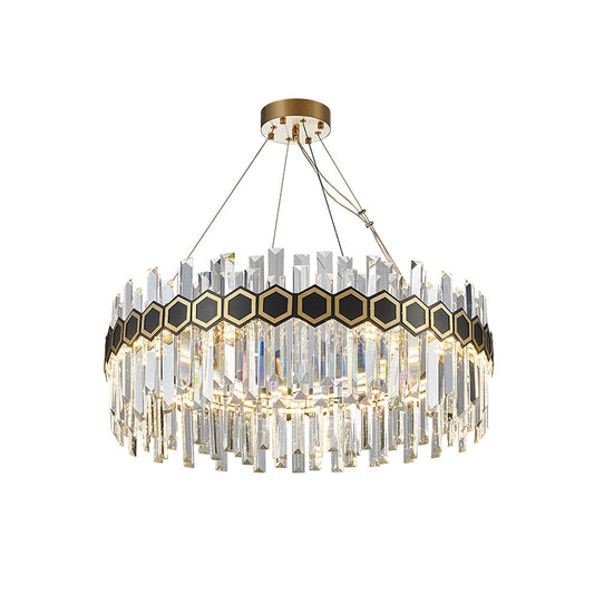 Mid Century Circle LED Chandelier Crystal Icicle Suspension Lighting with Honeycomb Belt Decor in Black-Gold Clearhalo 'Ceiling Lights' 'Chandeliers' 'Modern Chandeliers' 'Modern' Lighting' 852718