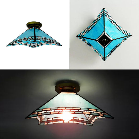 Stained Glass Ceiling Light Blue, Tiffany Flared Semi Flush Mount Lighting for Bedroom Clearhalo 'Ceiling Lights' 'Close To Ceiling Lights' 'Close to ceiling' 'Glass shade' 'Glass' 'Semi-flushmount' 'Tiffany close to ceiling' 'Tiffany' Lighting' 85271