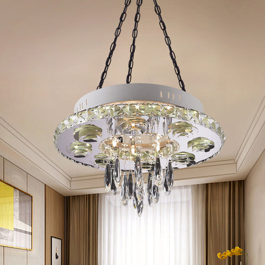 White 6 Lights Chandelier Contemporary Crystal Circular Hanging Pendant with Droplet Clearhalo 'Ceiling Lights' 'Chandeliers' 'Modern Chandeliers' 'Modern' Lighting' 852738