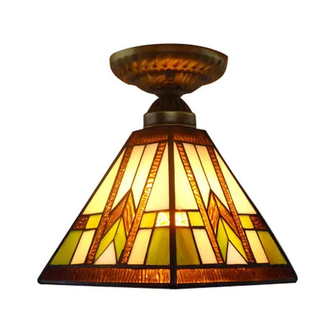 Mission Ceiling Light, Pyramid Semi Flush Mount Light in Antique Brass with Art Glass Shade for Hallway Clearhalo 'Ceiling Lights' 'Close To Ceiling Lights' 'Close to ceiling' 'Glass shade' 'Glass' 'Pendant Lights' 'Semi-flushmount' 'Tiffany close to ceiling' 'Tiffany' Lighting' 85273