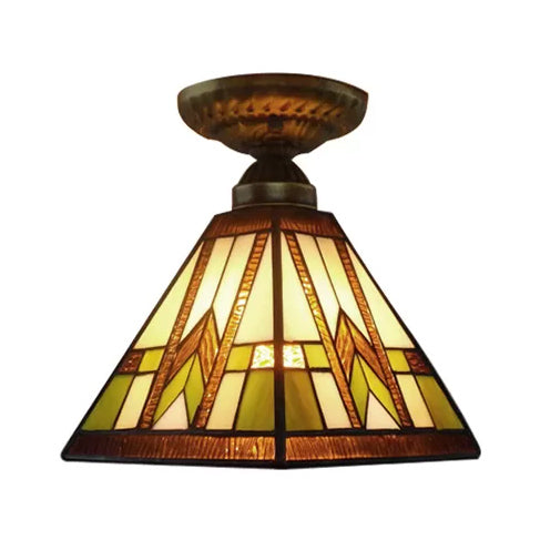 Mission Ceiling Light, Pyramid Semi Flush Mount Light in Antique Brass with Art Glass Shade for Hallway Clearhalo 'Ceiling Lights' 'Close To Ceiling Lights' 'Close to ceiling' 'Glass shade' 'Glass' 'Pendant Lights' 'Semi-flushmount' 'Tiffany close to ceiling' 'Tiffany' Lighting' 85274