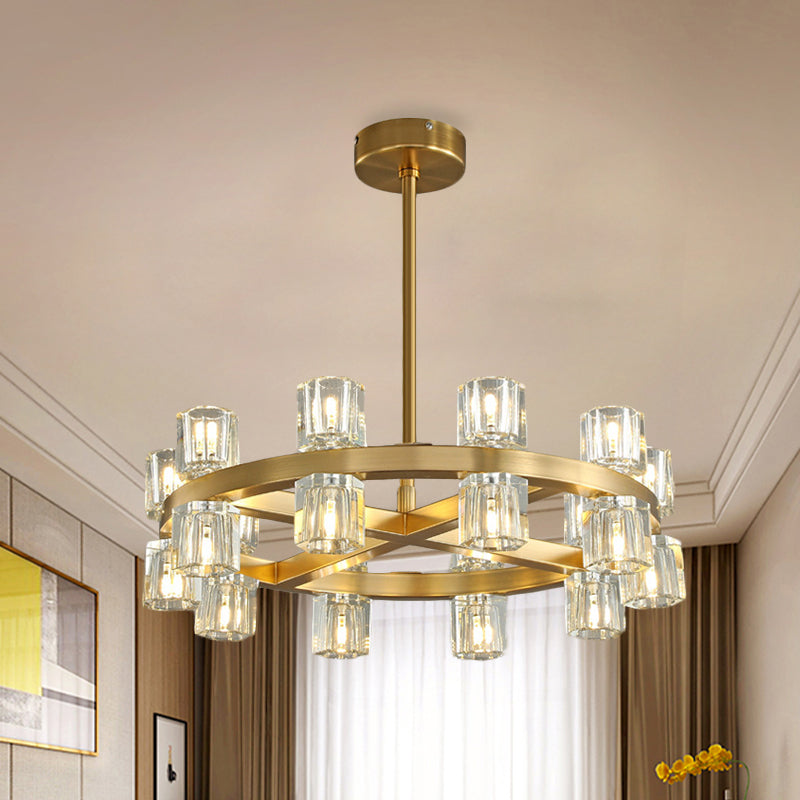 Brass Crossed Circle Chandelier Postmodern Crystal Prism 20-Light Bedroom Suspension Light Clearhalo 'Ceiling Lights' 'Chandeliers' 'Modern Chandeliers' 'Modern' Lighting' 852751