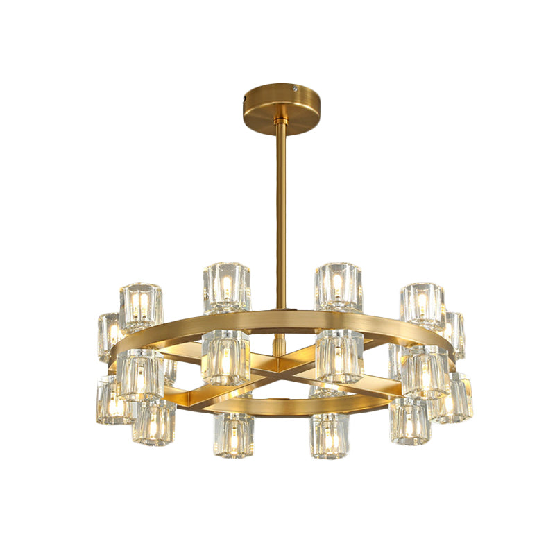 Brass Crossed Circle Chandelier Postmodern Crystal Prism 20-Light Bedroom Suspension Light Clearhalo 'Ceiling Lights' 'Chandeliers' 'Modern Chandeliers' 'Modern' Lighting' 852752