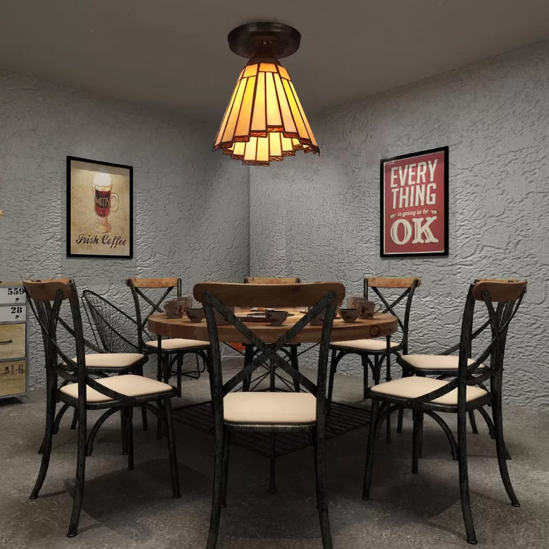 Stained Glass Ceiling Light, Mini Coolie Semi Flush Mount Light for Hallway Tiffany Style, H8" x D6" Beige Clearhalo 'Ceiling Lights' 'Close To Ceiling Lights' 'Close to ceiling' 'Glass shade' 'Glass' 'Pendant Lights' 'Semi-flushmount' 'Tiffany close to ceiling' 'Tiffany' Lighting' 85277