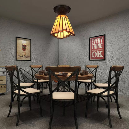 Stained Glass Ceiling Light, Mini Coolie Semi Flush Mount Light for Hallway Tiffany Style, H8" x D6" Beige Clearhalo 'Ceiling Lights' 'Close To Ceiling Lights' 'Close to ceiling' 'Glass shade' 'Glass' 'Pendant Lights' 'Semi-flushmount' 'Tiffany close to ceiling' 'Tiffany' Lighting' 85277