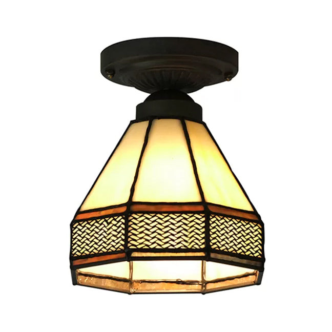 Stained Glass Ceiling Light Fixture, Mini Semi Flush Light in Antique Brass Mission Style, 7" High x 6.5" in Diameter Clearhalo 'Ceiling Lights' 'Close To Ceiling Lights' 'Close to ceiling' 'Glass shade' 'Glass' 'Semi-flushmount' 'Tiffany close to ceiling' 'Tiffany' Lighting' 85281