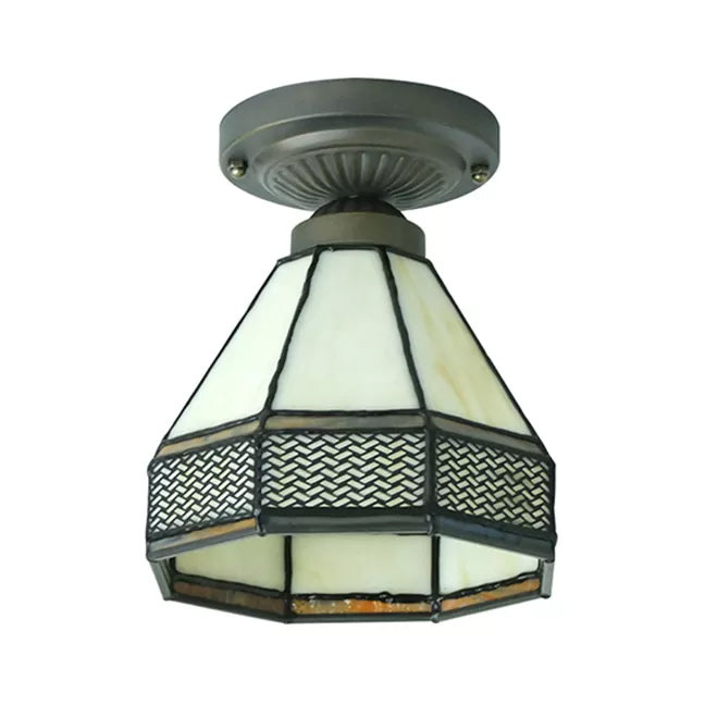 Stained Glass Ceiling Light Fixture, Mini Semi Flush Light in Antique Brass Mission Style, 7" High x 6.5" in Diameter Clearhalo 'Ceiling Lights' 'Close To Ceiling Lights' 'Close to ceiling' 'Glass shade' 'Glass' 'Semi-flushmount' 'Tiffany close to ceiling' 'Tiffany' Lighting' 85282