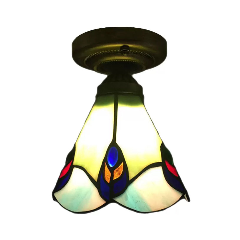 Stained Glass Ceiling Light Fixture, Floral Semi Flush Mount Light in Aged Brass for Bedroom Tiffany Style, 6.5" W x 5" H Clearhalo 'Ceiling Lights' 'Close To Ceiling Lights' 'Close to ceiling' 'Glass shade' 'Glass' 'Semi-flushmount' 'Tiffany close to ceiling' 'Tiffany' Lighting' 85284