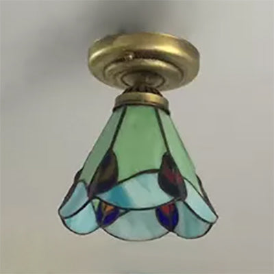 Stained Glass Ceiling Light Fixture, Floral Semi Flush Mount Light in Aged Brass for Bedroom Tiffany Style, 6.5" W x 5" H Clearhalo 'Ceiling Lights' 'Close To Ceiling Lights' 'Close to ceiling' 'Glass shade' 'Glass' 'Semi-flushmount' 'Tiffany close to ceiling' 'Tiffany' Lighting' 85285
