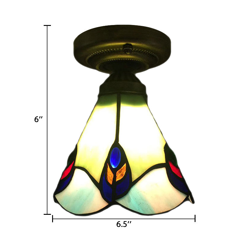Stained Glass Ceiling Light Fixture, Floral Semi Flush Mount Light in Aged Brass for Bedroom Tiffany Style, 6.5" W x 5" H Clearhalo 'Ceiling Lights' 'Close To Ceiling Lights' 'Close to ceiling' 'Glass shade' 'Glass' 'Semi-flushmount' 'Tiffany close to ceiling' 'Tiffany' Lighting' 85286