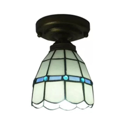 Stained Glass Ceiling Light Fixture, White Floral Semi Flush Mount Light with Jewel for Bedroom Tiffany Style Clearhalo 'Ceiling Lights' 'Close To Ceiling Lights' 'Close to ceiling' 'Glass shade' 'Glass' 'Semi-flushmount' 'Tiffany close to ceiling' 'Tiffany' Lighting' 85288