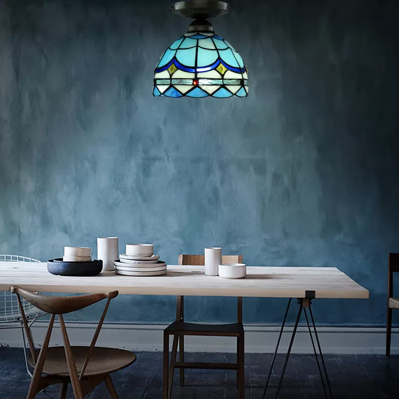 Blue Ceiling Light for Bedroom, Tiffany Semi Flush Light with Art Glass Half Globe Shade, 7.5" High x 8" in Diameter Blue Clearhalo 'Ceiling Lights' 'Close To Ceiling Lights' 'Close to ceiling' 'Glass shade' 'Glass' 'Semi-flushmount' 'Tiffany close to ceiling' 'Tiffany' Lighting' 85291