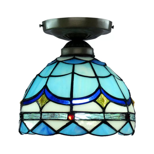 Blue Ceiling Light for Bedroom, Tiffany Semi Flush Light with Art Glass Half Globe Shade, 7.5" High x 8" in Diameter Clearhalo 'Ceiling Lights' 'Close To Ceiling Lights' 'Close to ceiling' 'Glass shade' 'Glass' 'Semi-flushmount' 'Tiffany close to ceiling' 'Tiffany' Lighting' 85292